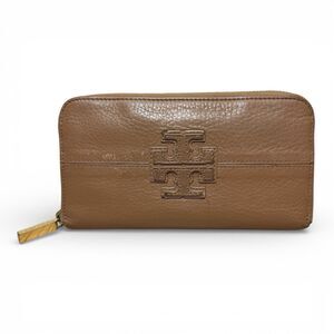 Tory Burch Stacked T Continental Wallet Large Brown Leather Monogram Logo Gold